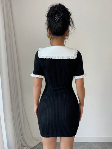 Elenzga Square Neck Color Block Bodycon Short Sleeve Dress, Spring/Summer Elenzga Square Neck Color Block Bodycon Short Sleeve Dress, Spring/Summer