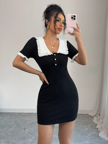 Elenzga Square Neck Color Block Bodycon Short Sleeve Dress, Spring/Summer Elenzga Square Neck Color Block Bodycon Short Sleeve Dress, Spring/Summer