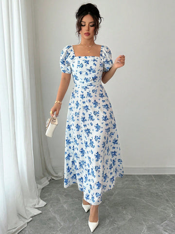 Elenzga Square Neck Puff Sleeve Cinched Waist Floral Women Dress Elenzga Square Neck Puff Sleeve Cinched Waist Floral Women Dress