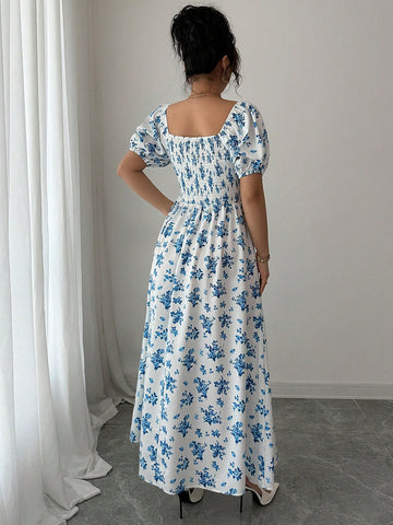 Elenzga Square Neck Puff Sleeve Cinched Waist Floral Women Dress Elenzga Square Neck Puff Sleeve Cinched Waist Floral Women Dress