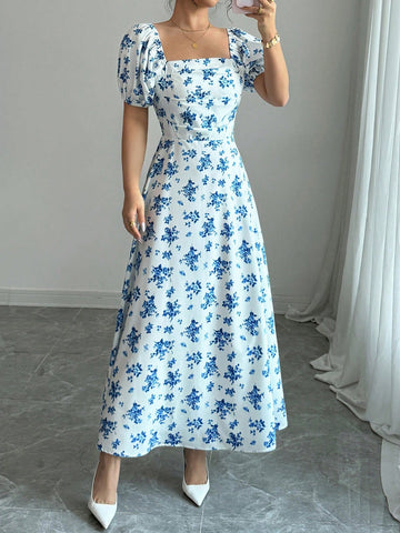 Elenzga Square Neck Puff Sleeve Cinched Waist Floral Women Dress Elenzga Square Neck Puff Sleeve Cinched Waist Floral Women Dress