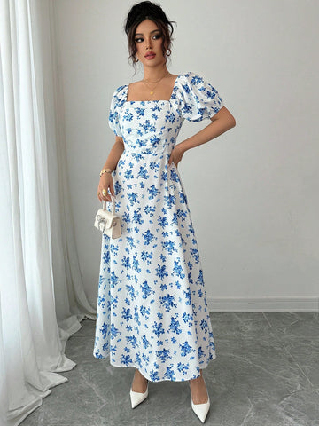 Elenzga Square Neck Puff Sleeve Cinched Waist Floral Women Dress Elenzga Square Neck Puff Sleeve Cinched Waist Floral Women Dress