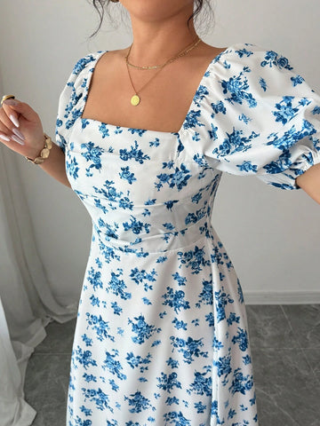 Elenzga Square Neck Puff Sleeve Cinched Waist Floral Women Dress Elenzga Square Neck Puff Sleeve Cinched Waist Floral Women Dress