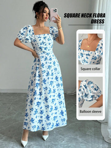 Elenzga Square Neck Puff Sleeve Cinched Waist Floral Women Dress Elenzga Square Neck Puff Sleeve Cinched Waist Floral Women Dress