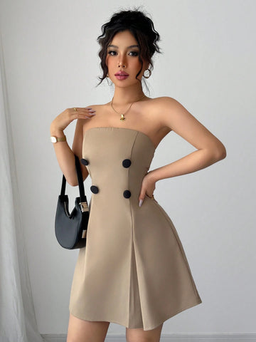 Elenzga Women Metal Button Decorated Fashionable Camisole Dress Elenzga Women Metal Button Decorated Fashionable Camisole Dress