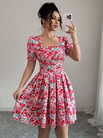 Elenzga Women Square Neck Short Sleeve Dress, Fashionable For Summer Elenzga Women Square Neck Short Sleeve Dress, Fashionable For Summer