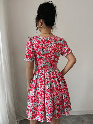 Elenzga Women Square Neck Short Sleeve Dress, Fashionable For Summer Elenzga Women Square Neck Short Sleeve Dress, Fashionable For Summer