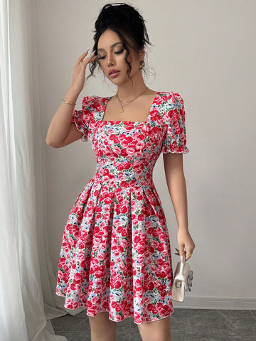 Elenzga Women Square Neck Short Sleeve Dress, Fashionable For Summer Elenzga Women Square Neck Short Sleeve Dress, Fashionable For Summer