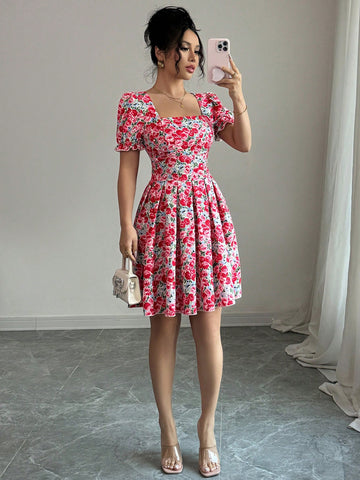 Elenzga Women Square Neck Short Sleeve Dress, Fashionable For Summer Elenzga Women Square Neck Short Sleeve Dress, Fashionable For Summer