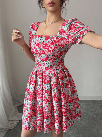 Elenzga Women Square Neck Short Sleeve Dress, Fashionable For Summer Elenzga Women Square Neck Short Sleeve Dress, Fashionable For Summer
