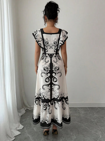 Elenzga Women Square Neck Short Sleeve Printed Design Dress Elenzga Women Square Neck Short Sleeve Printed Design Dress