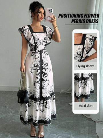 Elenzga Women Square Neck Short Sleeve Printed Design Dress Elenzga Women Square Neck Short Sleeve Printed Design Dress