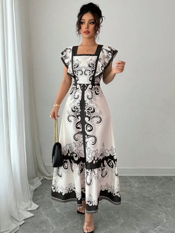 Elenzga Women Square Neck Short Sleeve Printed Design Dress Elenzga Women Square Neck Short Sleeve Printed Design Dress