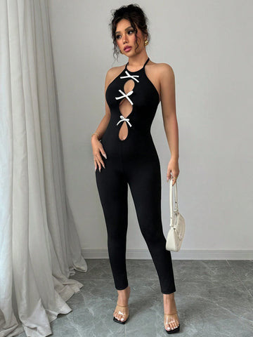 Elenzga Women's Bow Decor Backless Sexy Skinny Catsuit Elenzga Women's Bow Decor Backless Sexy Skinny Catsuit