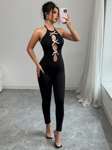 Elenzga Women's Bow Decor Backless Sexy Skinny Catsuit Elenzga Women's Bow Decor Backless Sexy Skinny Catsuit