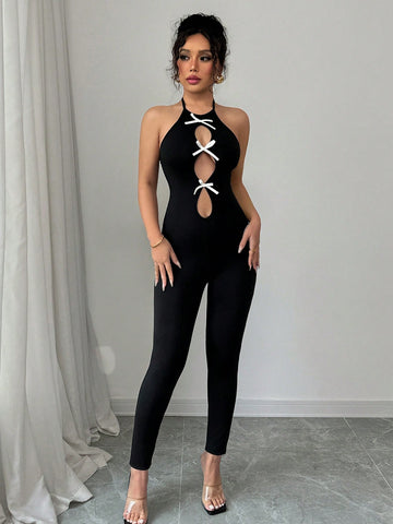 Elenzga Women's Bow Decor Backless Sexy Skinny Catsuit Elenzga Women's Bow Decor Backless Sexy Skinny Catsuit