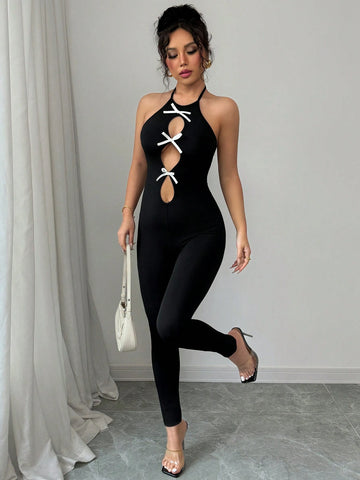 Elenzga Women's Bow Decor Backless Sexy Skinny Catsuit Elenzga Women's Bow Decor Backless Sexy Skinny Catsuit