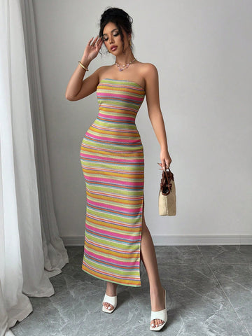 Elenzga Women's Casual Vacation Colorful Striped Bandeau Sleeveless Maxi Dress, Suitable For Summer Elenzga Women's Casual Vacation Colorful Striped Bandeau Sleeveless Maxi Dress, Suitable For Summer
