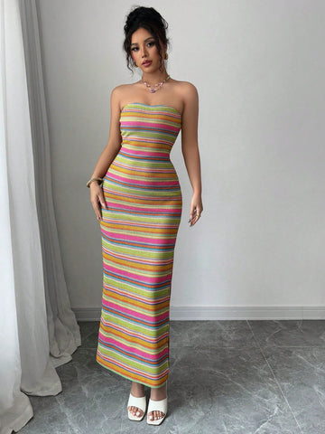 Elenzga Women's Casual Vacation Colorful Striped Bandeau Sleeveless Maxi Dress, Suitable For Summer Elenzga Women's Casual Vacation Colorful Striped Bandeau Sleeveless Maxi Dress, Suitable For Summer