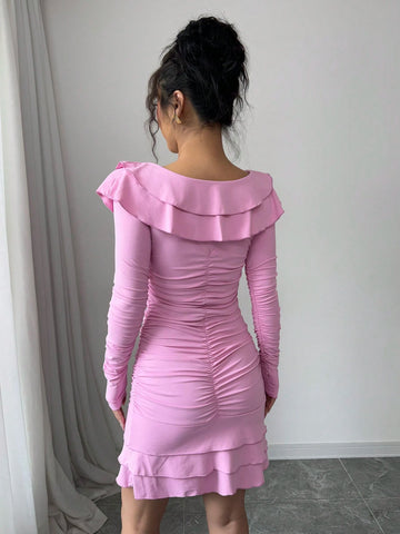Elenzga Women's Elegant Fashion Commute Valentines Day Long Sleeve V-Neck Gathered Waist Ruffle Hem Solid Color Knit Dress Elenzga Women's Elegant Fashion Commute Valentines Day Long Sleeve V-Neck Gathered Waist Ruffle Hem Solid Color Knit Dress