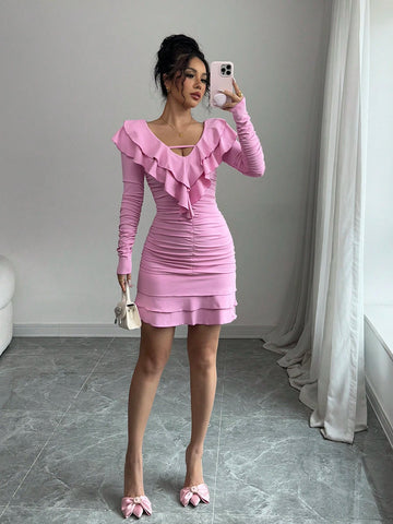 Elenzga Women's Elegant Fashion Commute Valentines Day Long Sleeve V-Neck Gathered Waist Ruffle Hem Solid Color Knit Dress Elenzga Women's Elegant Fashion Commute Valentines Day Long Sleeve V-Neck Gathered Waist Ruffle Hem Solid Color Knit Dress