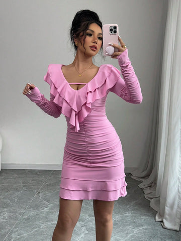 Elenzga Women's Elegant Fashion Commute Valentines Day Long Sleeve V-Neck Gathered Waist Ruffle Hem Solid Color Knit Dress Elenzga Women's Elegant Fashion Commute Valentines Day Long Sleeve V-Neck Gathered Waist Ruffle Hem Solid Color Knit Dress