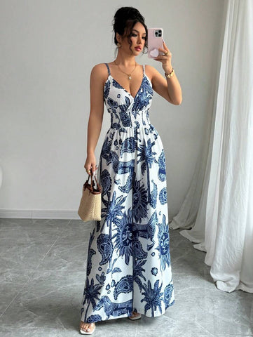 Elenzga Women's Elegant Spaghetti Strap Jumpsuit With Shirred Waist Design Elenzga Women's Elegant Spaghetti Strap Jumpsuit With Shirred Waist Design