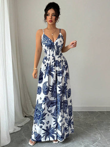 Elenzga Women's Elegant Spaghetti Strap Jumpsuit With Shirred Waist Design Elenzga Women's Elegant Spaghetti Strap Jumpsuit With Shirred Waist Design