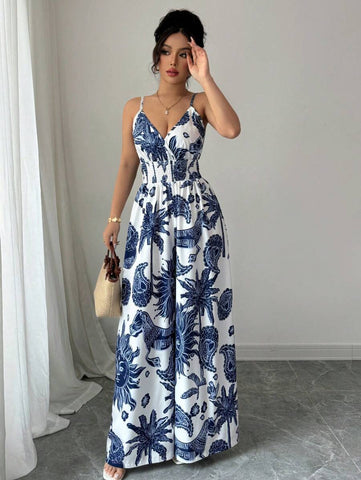 Elenzga Women's Elegant Spaghetti Strap Jumpsuit With Shirred Waist Design Elenzga Women's Elegant Spaghetti Strap Jumpsuit With Shirred Waist Design