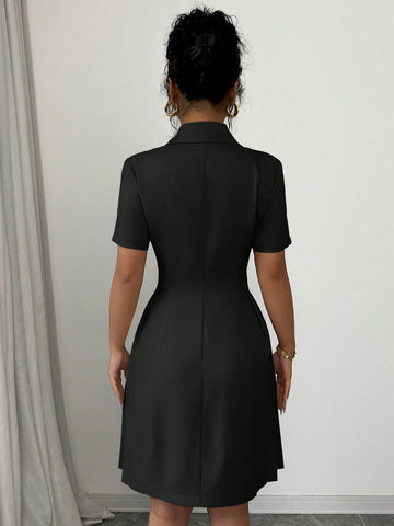Elenzga Women's French Style Commuting Elegant V-Neck Double-Breasted Waist Pleated A-Line Mini Dress With Short Sleeves, Suitable For Spring/Summer Elenzga Women's French Style Commuting Elegant V-Neck Double-Breasted Waist Pleated A-Line Mini Dress With Short Sleeves, Suitable For Spring/Summer