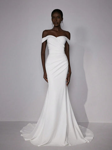 Elitara Elegant Luxurious Beige Off-Shoulder Elastic Knitted Ruched Mermaid Hem Dress With Lace Insert, Suitable For Weddings, Parties, Ceremonies, Holidays And Prom Elitara Elegant Luxurious Beige Off-Shoulder Elastic Knitted Ruched Mermaid Hem Dress With Lace Insert, Suitable For Weddings, Parties, Ceremonies, Holidays And Prom