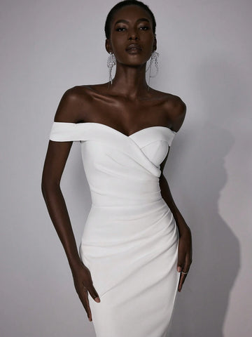 Elitara Elegant Luxurious Beige Off-Shoulder Elastic Knitted Ruched Mermaid Hem Dress With Lace Insert, Suitable For Weddings, Parties, Ceremonies, Holidays And Prom Elitara Elegant Luxurious Beige Off-Shoulder Elastic Knitted Ruched Mermaid Hem Dress With Lace Insert, Suitable For Weddings, Parties, Ceremonies, Holidays And Prom