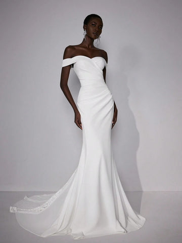 Elitara Elegant Luxurious Beige Off-Shoulder Elastic Knitted Ruched Mermaid Hem Dress With Lace Insert, Suitable For Weddings, Parties, Ceremonies, Holidays And Prom Elitara Elegant Luxurious Beige Off-Shoulder Elastic Knitted Ruched Mermaid Hem Dress With Lace Insert, Suitable For Weddings, Parties, Ceremonies, Holidays And Prom