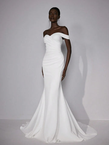 Elitara Elegant Luxurious Beige Off-Shoulder Elastic Knitted Ruched Mermaid Hem Dress With Lace Insert, Suitable For Weddings, Parties, Ceremonies, Holidays And Prom Elitara Elegant Luxurious Beige Off-Shoulder Elastic Knitted Ruched Mermaid Hem Dress With Lace Insert, Suitable For Weddings, Parties, Ceremonies, Holidays And Prom