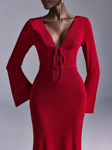 Elitara Elegant Red Elastic Knit Deep V-Neck Front Tie Long Flare Sleeve Mini Mermaid Bridesmaid Dress For Wedding Elitara Elegant Red Elastic Knit Deep V-Neck Front Tie Long Flare Sleeve Mini Mermaid Bridesmaid Dress For Wedding