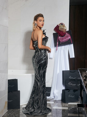Ellery Strapless Sequin Feather Maxi Dress Ellery Strapless Sequin Feather Maxi Dress