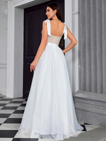 Embroidered Floral Lace Shoulder Strap Chest Cup Hook Clashing Color Patchwork Mesh Ball Gown Wedding Dress For Bride And Bridesmaid Embroidered Floral Lace Shoulder Strap Chest Cup Hook Clashing Color Patchwork Mesh Ball Gown Wedding Dress For Bride And Bridesmaid