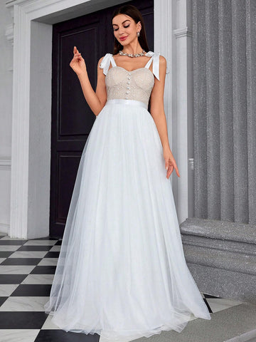 Embroidered Floral Lace Shoulder Strap Chest Cup Hook Clashing Color Patchwork Mesh Ball Gown Wedding Dress For Bride And Bridesmaid Embroidered Floral Lace Shoulder Strap Chest Cup Hook Clashing Color Patchwork Mesh Ball Gown Wedding Dress For Bride And Bridesmaid