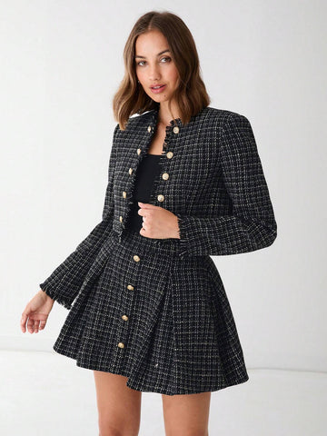 Enchnt Autumn Romantic Women's Black Plaid Elegant Fashionable Metal Buttons Decor Plaid A-Line Tweed Skirt,Fall Women Clothes Enchnt Autumn Romantic Women's Black Plaid Elegant Fashionable Metal Buttons Decor Plaid A-Line Tweed Skirt,Fall Women Clothes
