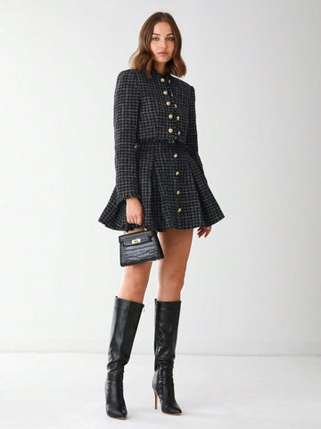 Enchnt Autumn Romantic Women's Black Plaid Elegant Fashionable Metal Buttons Decor Plaid A-Line Tweed Skirt,Fall Women Clothes Enchnt Autumn Romantic Women's Black Plaid Elegant Fashionable Metal Buttons Decor Plaid A-Line Tweed Skirt,Fall Women Clothes