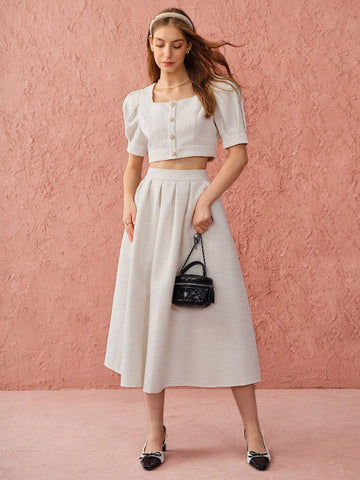 Enchnt Autumn Romantic Women's Sweetheart Elegant Princess Pleated White Tweed Skirt Enchnt Autumn Romantic Women's Sweetheart Elegant Princess Pleated White Tweed Skirt