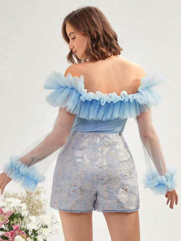 Enchnt Guipure Lace Hem Jacquard Shorts Enchnt Guipure Lace Hem Jacquard Shorts