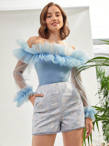 Enchnt Guipure Lace Hem Jacquard Shorts Enchnt Guipure Lace Hem Jacquard Shorts