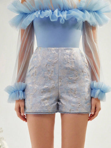 Enchnt Guipure Lace Hem Jacquard Shorts Enchnt Guipure Lace Hem Jacquard Shorts