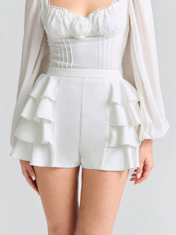 Enchnt Romantic Summer Holiday Women's Solid Color Simple Style Ruffle Hem Shorts Enchnt Romantic Summer Holiday Women's Solid Color Simple Style Ruffle Hem Shorts