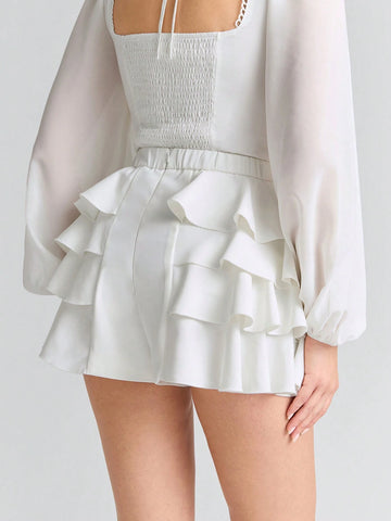 Enchnt Romantic Summer Holiday Women's Solid Color Simple Style Ruffle Hem Shorts Enchnt Romantic Summer Holiday Women's Solid Color Simple Style Ruffle Hem Shorts