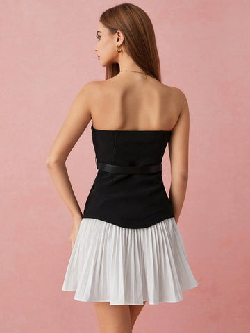 Enchnt Spring/Summer Romantic Women's Fashionable Black&White Contrast Color Pleated Hem Cute Tube Mini Dress With Belt,Sweet&Sexy For Valentine Day&Birthday&Holiday Party &Sweet Date Night&Daily Commuting&Office Siren Enchnt Spring/Summer Romantic Women's Fashionable Black&White Contrast Color Pleated Hem Cute Tube Mini Dress With Belt,Sweet&Sexy For Valentine Day&Birthday&Holiday Party &Sweet Date Night&Daily Commuting&Office Siren