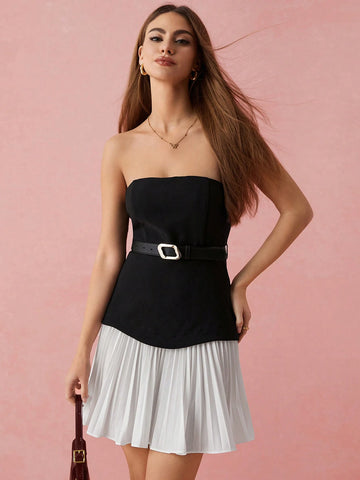 Enchnt Spring/Summer Romantic Women's Fashionable Black&White Contrast Color Pleated Hem Cute Tube Mini Dress With Belt,Sweet&Sexy For Valentine Day&Birthday&Holiday Party &Sweet Date Night&Daily Commuting&Office Siren Enchnt Spring/Summer Romantic Women's Fashionable Black&White Contrast Color Pleated Hem Cute Tube Mini Dress With Belt,Sweet&Sexy For Valentine Day&Birthday&Holiday Party &Sweet Date Night&Daily Commuting&Office Siren