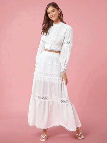 Enchnt Women Solid Color High Waist Contrast Lace Long Skirt Enchnt Women Solid Color High Waist Contrast Lace Long Skirt