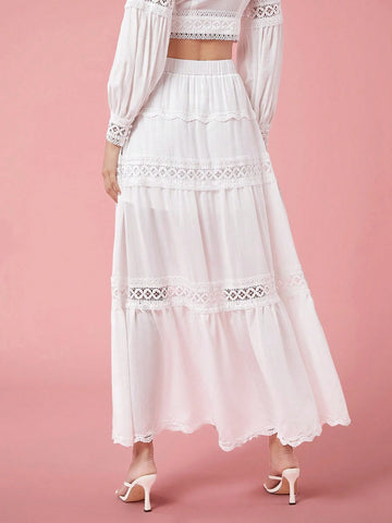 Enchnt Women Solid Color High Waist Contrast Lace Long Skirt Enchnt Women Solid Color High Waist Contrast Lace Long Skirt